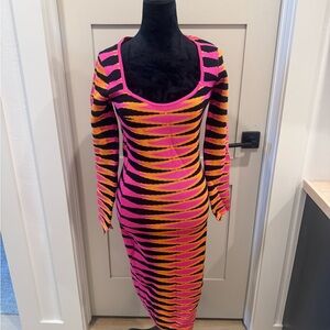 Fashion Nova Vibrant Pink and Orange Striped Dress